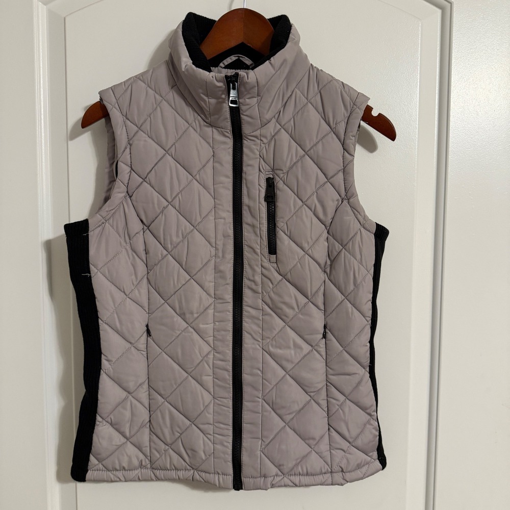 Andrew Marc Womens Quilted Puffer Vest Gray Black Ribbed Trim Full Zip Small